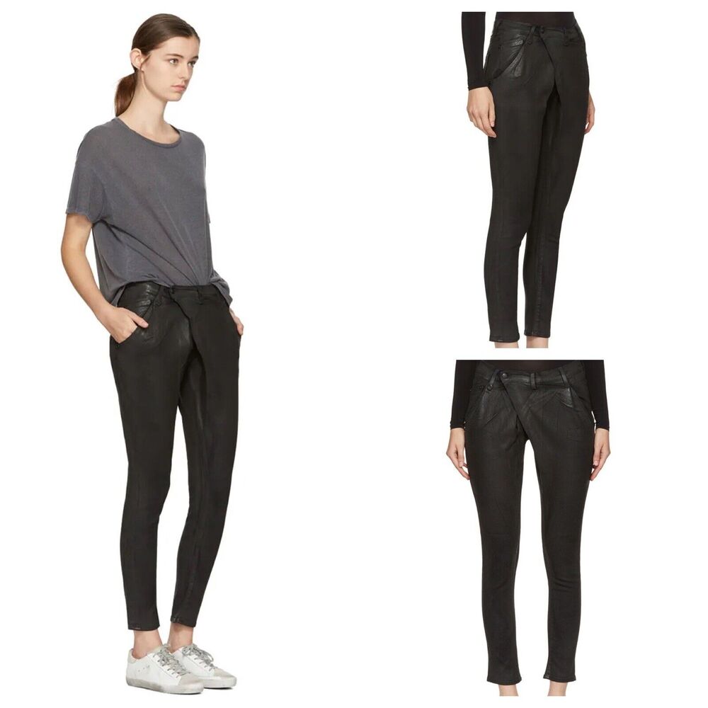 R13 Womens Black Waxed X-Over Skinny Jeans Size 25